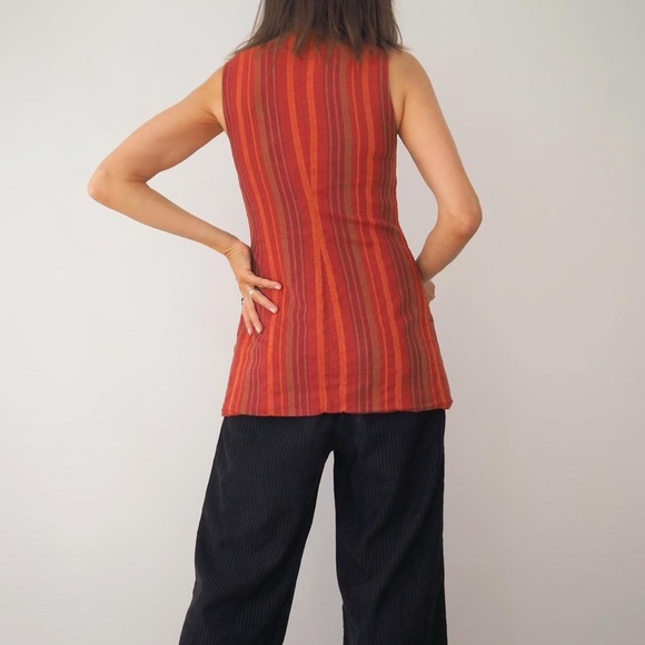 VINTAGE 90’s RED-ORANGE STRIPE LINEN-BLEND LONGLINE WAISTCOAT VEST - Picture 4 of 7